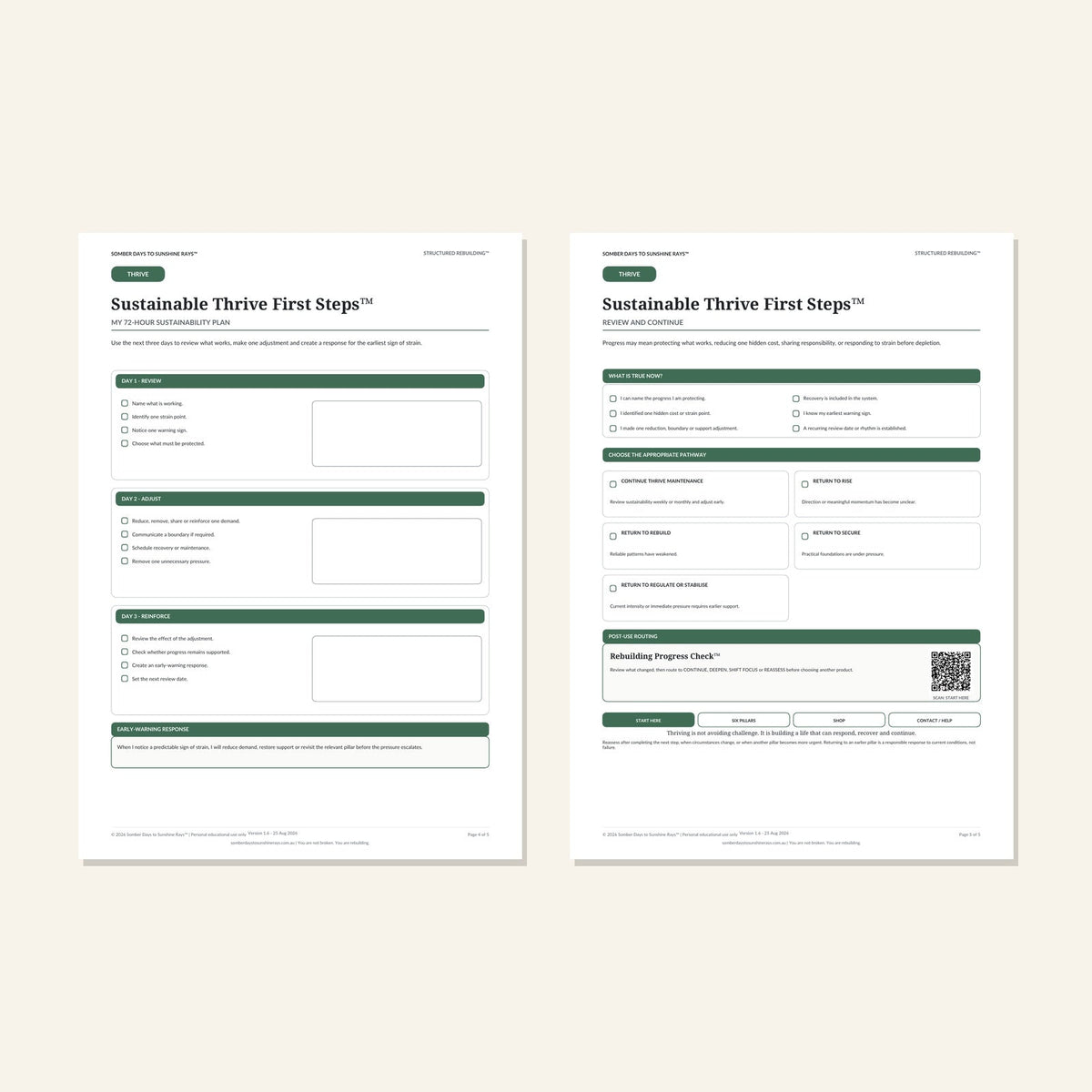 Sustainable Thrive First Steps™ plan and progress pages 4 and 5 preview